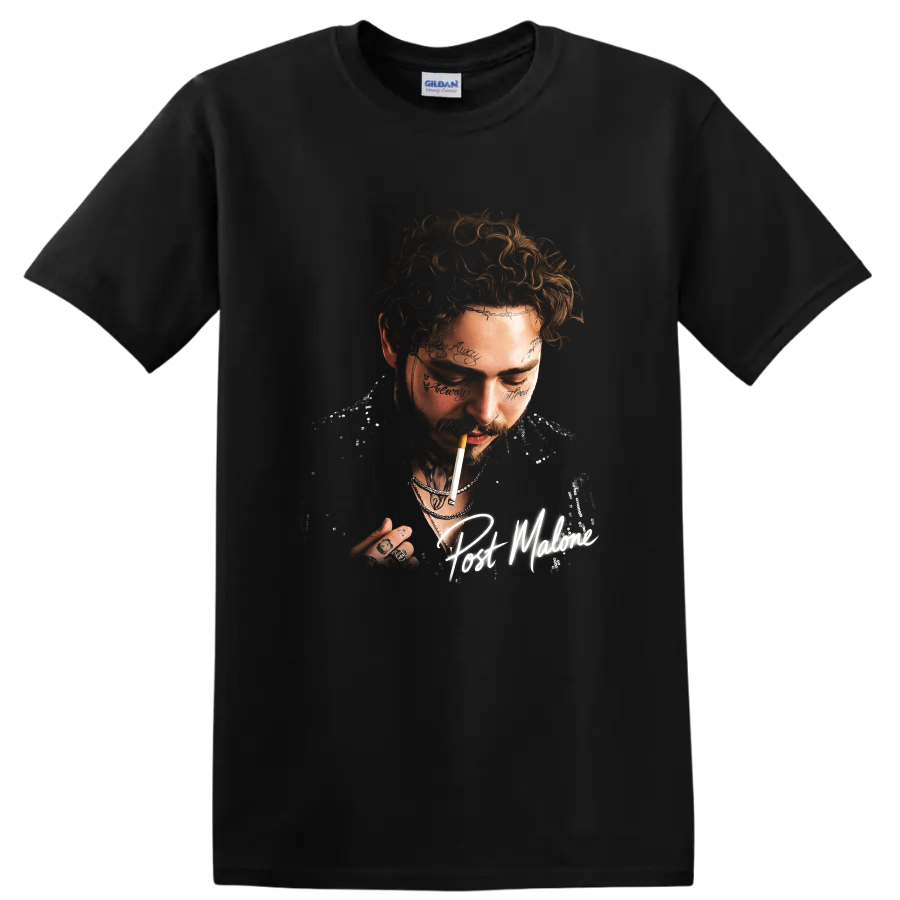 Post Malone portrait with handwritten signature, curly hair, and facial tattoos on a Black T Shirt