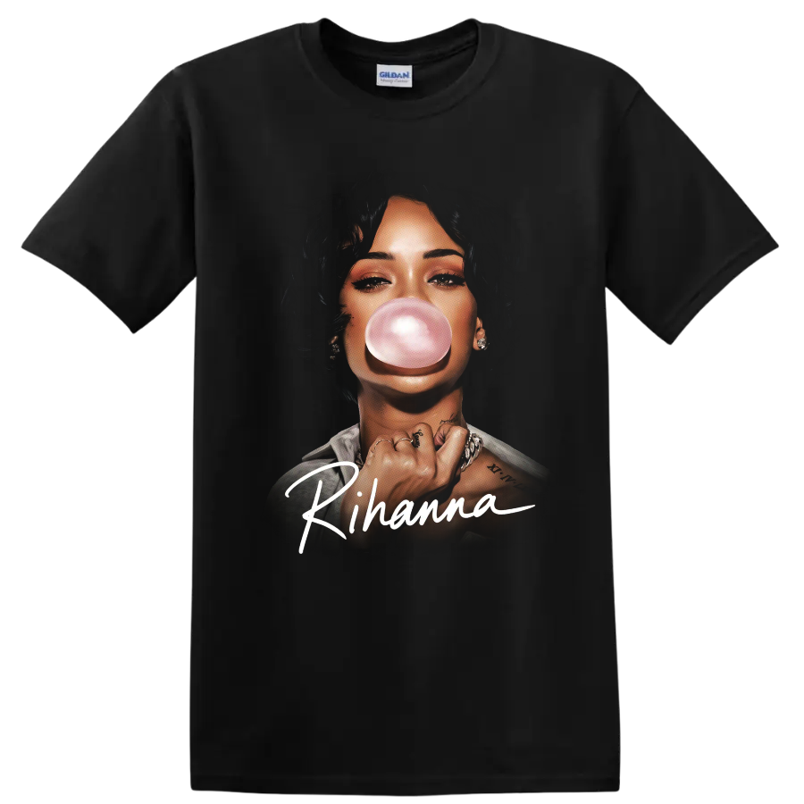 Rihanna pop-art portrait blowing a pink bubble with signature lettering on a Black T Shirt
