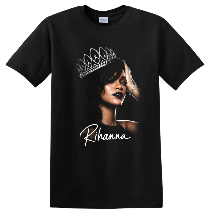 Rihanna portrait with silver crown and white script design on a Black T Shirt