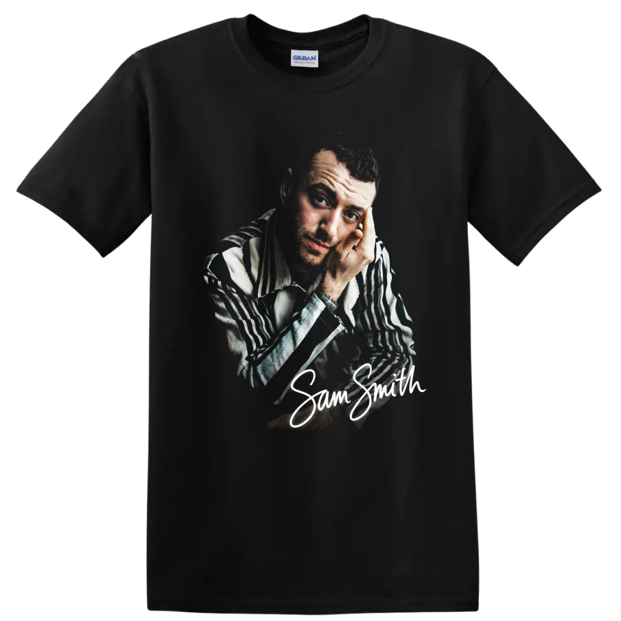 Sam Smith portrait fan art with handwritten signature on a Black T Shirt