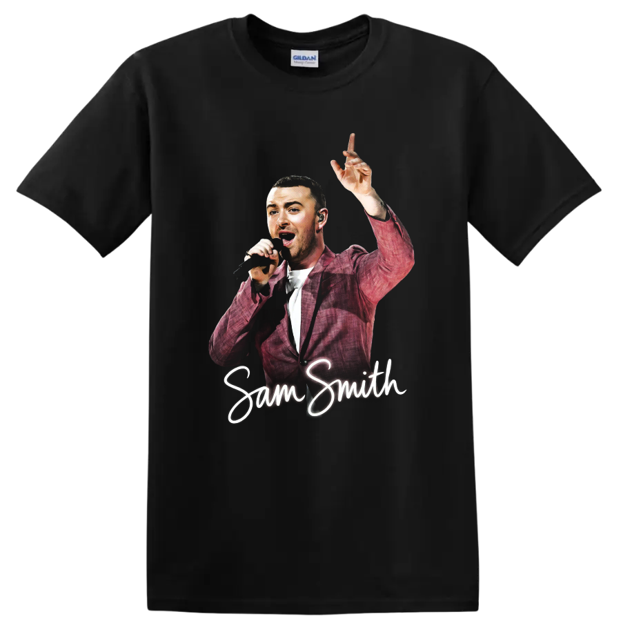 Sam Smith performing with microphone and raised hand, script name design on a Black T Shirt