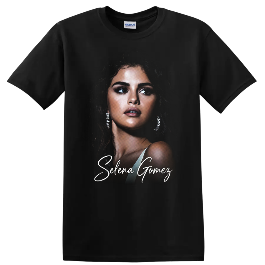 Selena Gomez glamorous digital portrait with white script lettering on a Black T Shirt
