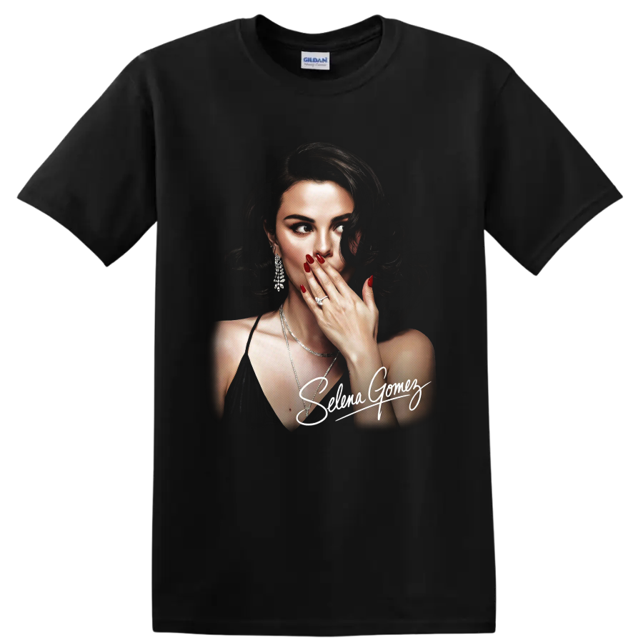 Selena Gomez portrait digital illustration with signature on a Black T Shirt