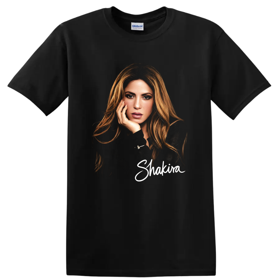 Shakira portrait fashion illustration with white script name on a Black T Shirt