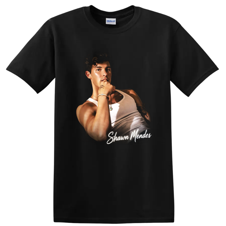 Shawn Mendes portrait fan art with white script lettering on a Black T Shirt