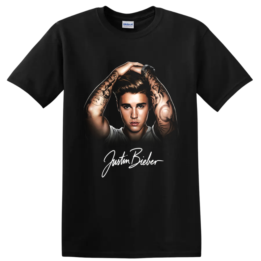 Justin Bieber pop-art portrait with tattooed arms and signature text on a Black T Shirt
