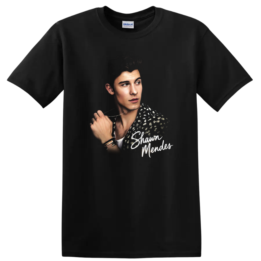 Shawn Mendes portrait graphic with script lettering and patterned jacket on a Black T Shirt
