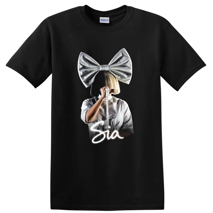 Sia-inspired pop singer with oversized bow and microphone graphic on a Black T Shirt