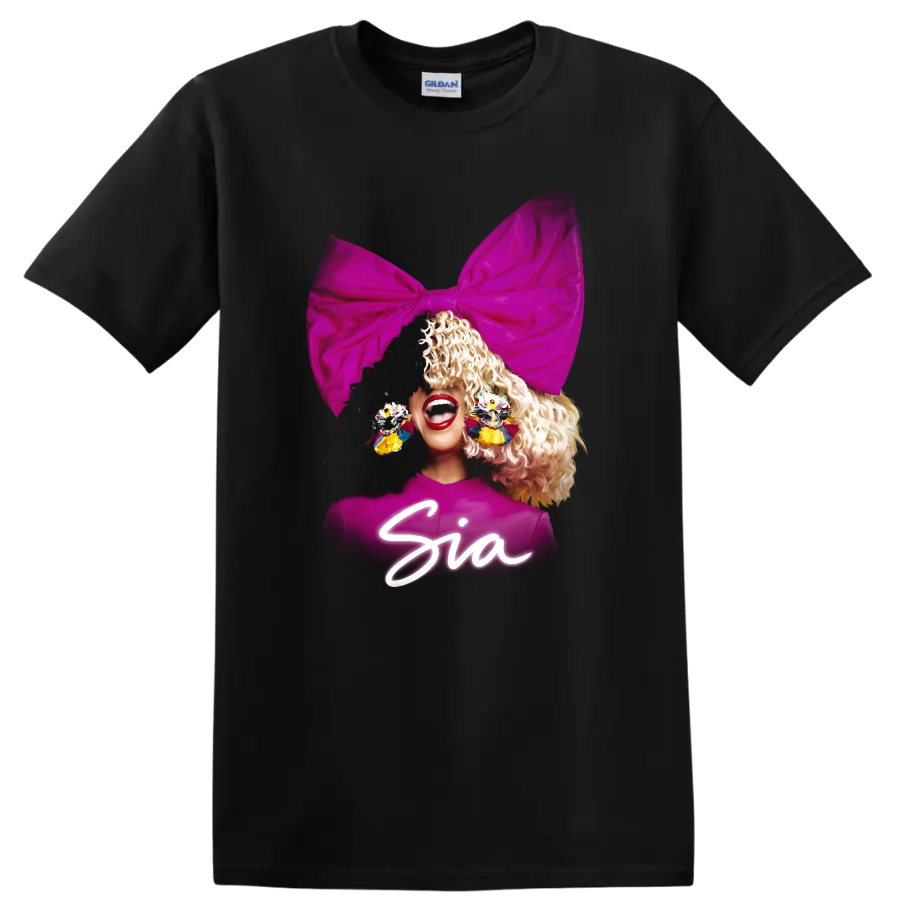 Sia pop star portrait with oversized pink bow and colorful earrings on a Black T Shirt