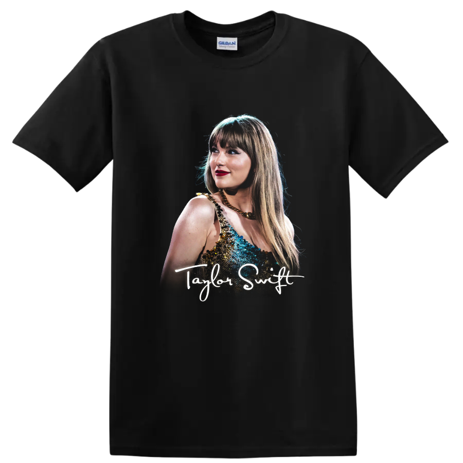 Taylor Swift Eras Tour portrait graphic with signature script on a Black T Shirt