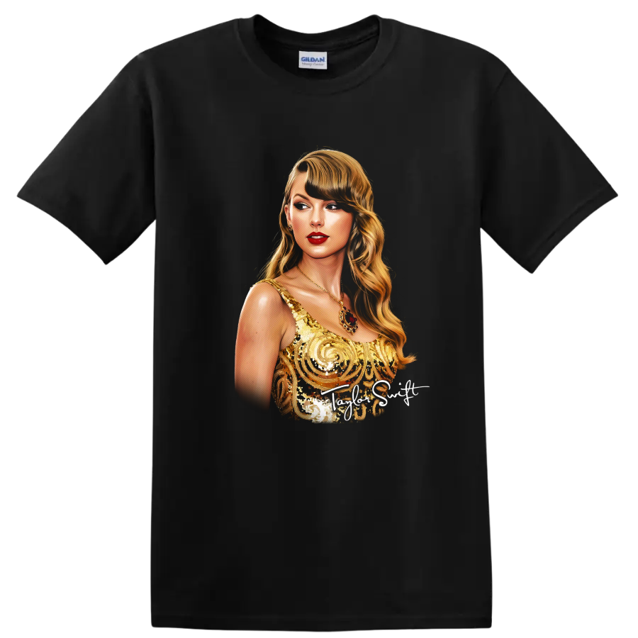 Taylor Swift Fearless era gold dress digital portrait with Taylor Swift text on a Black T Shirt