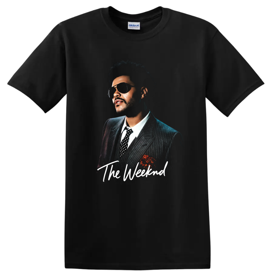 The Weeknd portrait graphic with sunglasses, pinstripe suit, and script text on a Black T Shirt
