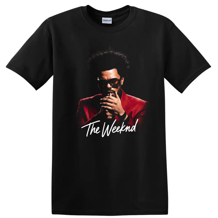 The Weeknd After Hours digital portrait in a red suit with script text on a Black T Shirt