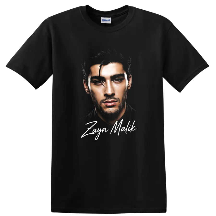 Watercolor-style Zayn Malik portrait with handwritten name lettering on a Black T Shirt