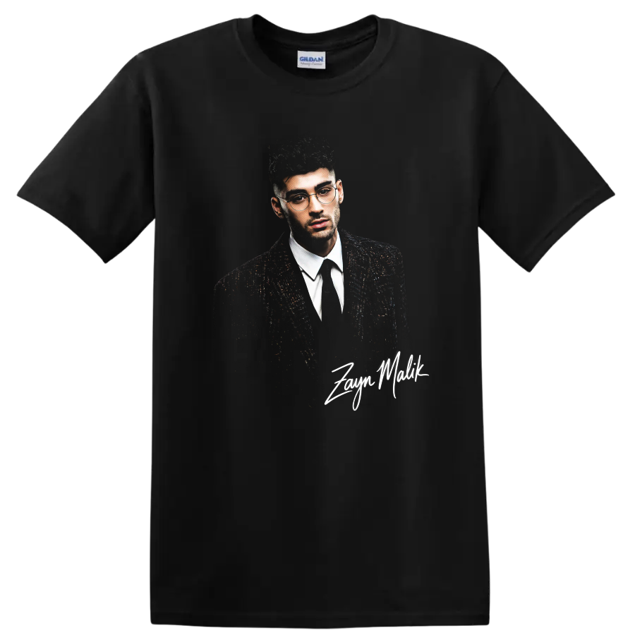 Zayn Malik portrait graphic print with signature text on a Black T Shirt
