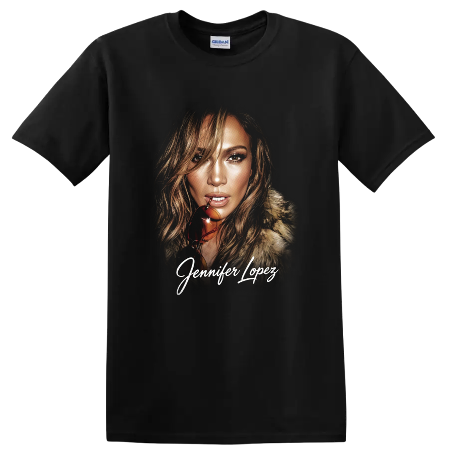 Jennifer Lopez stylized pop star portrait with signature script on a Black T Shirt