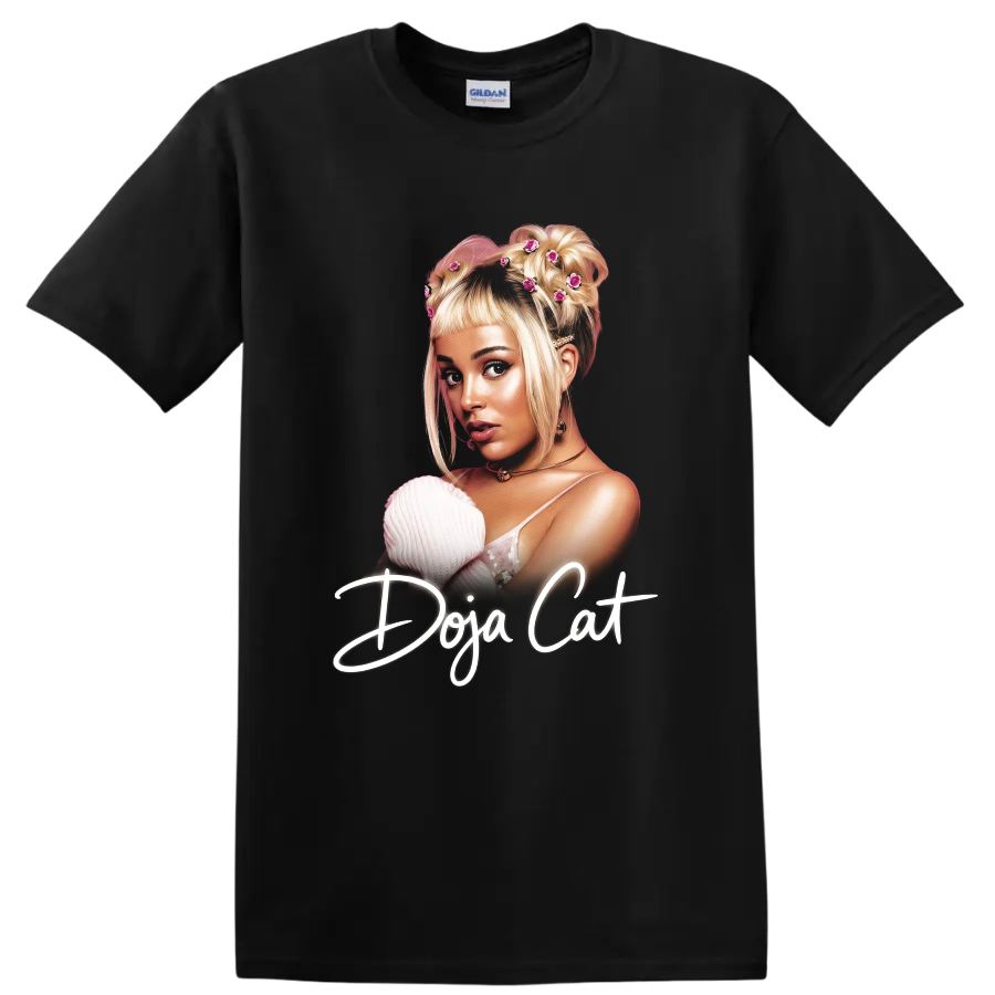 Doja Cat Y2K digital portrait with floral hair details and script text on a Black T Shirt