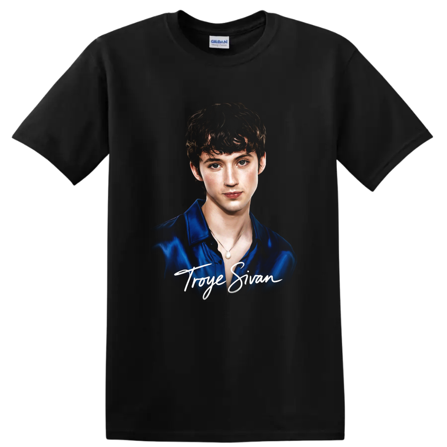 Troye Sivan portrait graphic with white script name lettering on a Black T Shirt