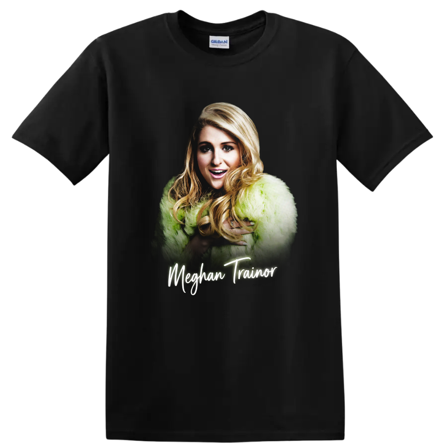 Meghan Trainor portrait graphic with lime green coat and script name on a Black T Shirt
