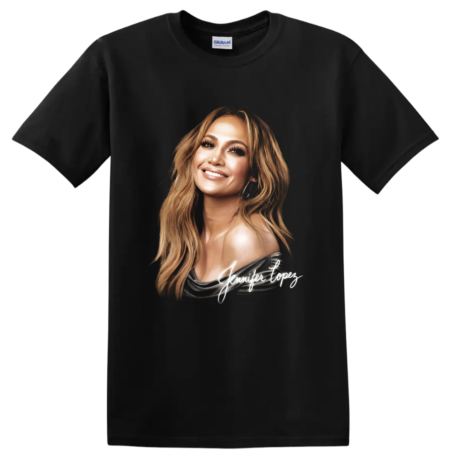 Jennifer Lopez stylized portrait with white signature artwork on a Black T Shirt