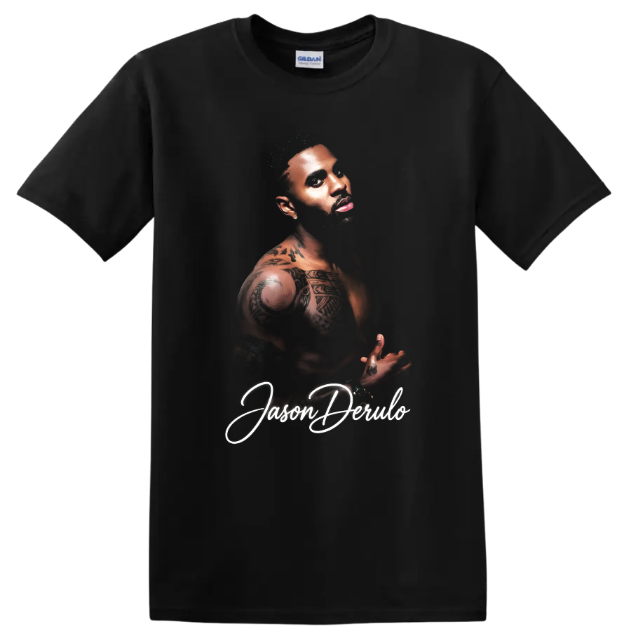 Jason Derulo tattooed portrait with white script lettering on a Black T Shirt