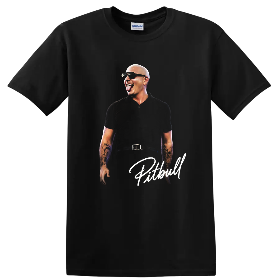 Pitbull portrait graphic with sunglasses, tattoos, and white script lettering on a Black T Shirt