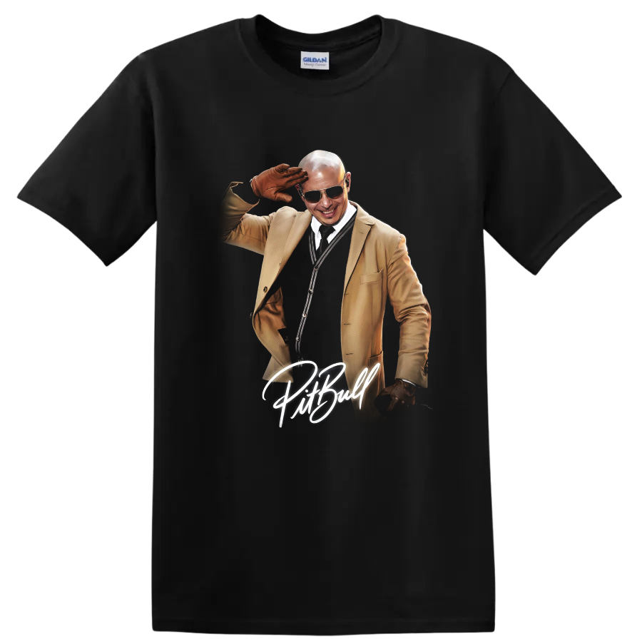 Pitbull GTA-inspired illustrated portrait with handwritten name on a Black T Shirt