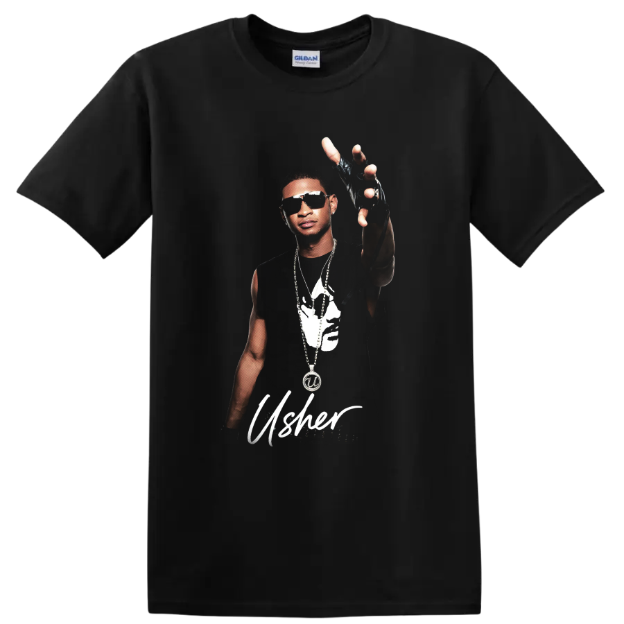 Usher portrait graphic with sunglasses, jewelry, raised gloved hand, and script on a Black T Shirt