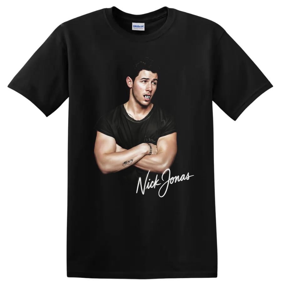 Nick Jonas illustrated portrait graphic print with script lettering on a Black T Shirt