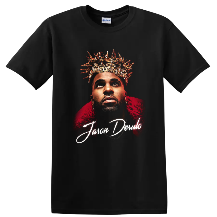 Jason Derulo crowned portrait with Nu King script graphic design on a Black T Shirt