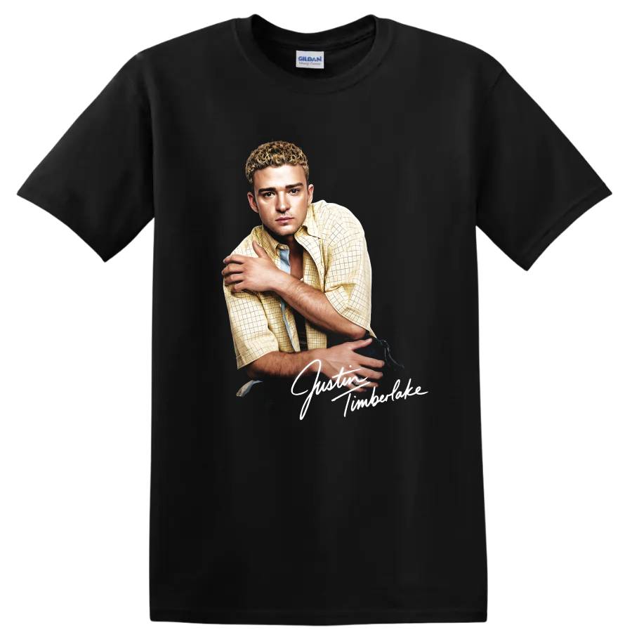 Justin Timberlake portrait graphic with white script lettering on a Black T Shirt