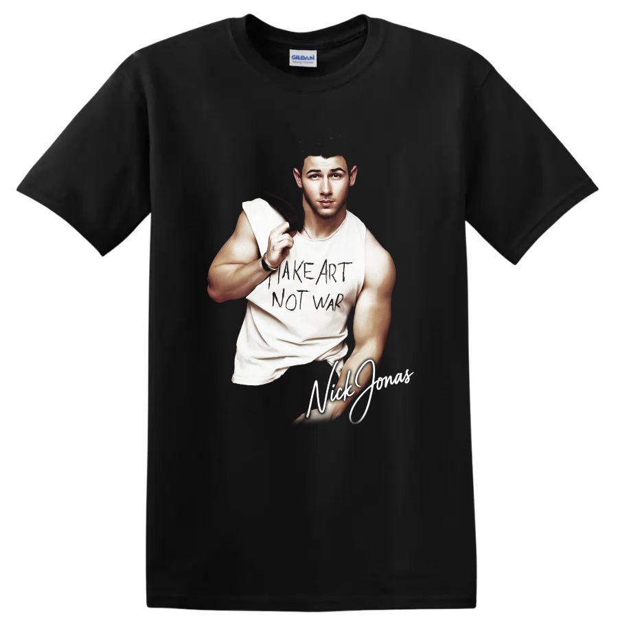 Nick Jonas FHM China portrait with Make Art Not War graphic on a Black T Shirt