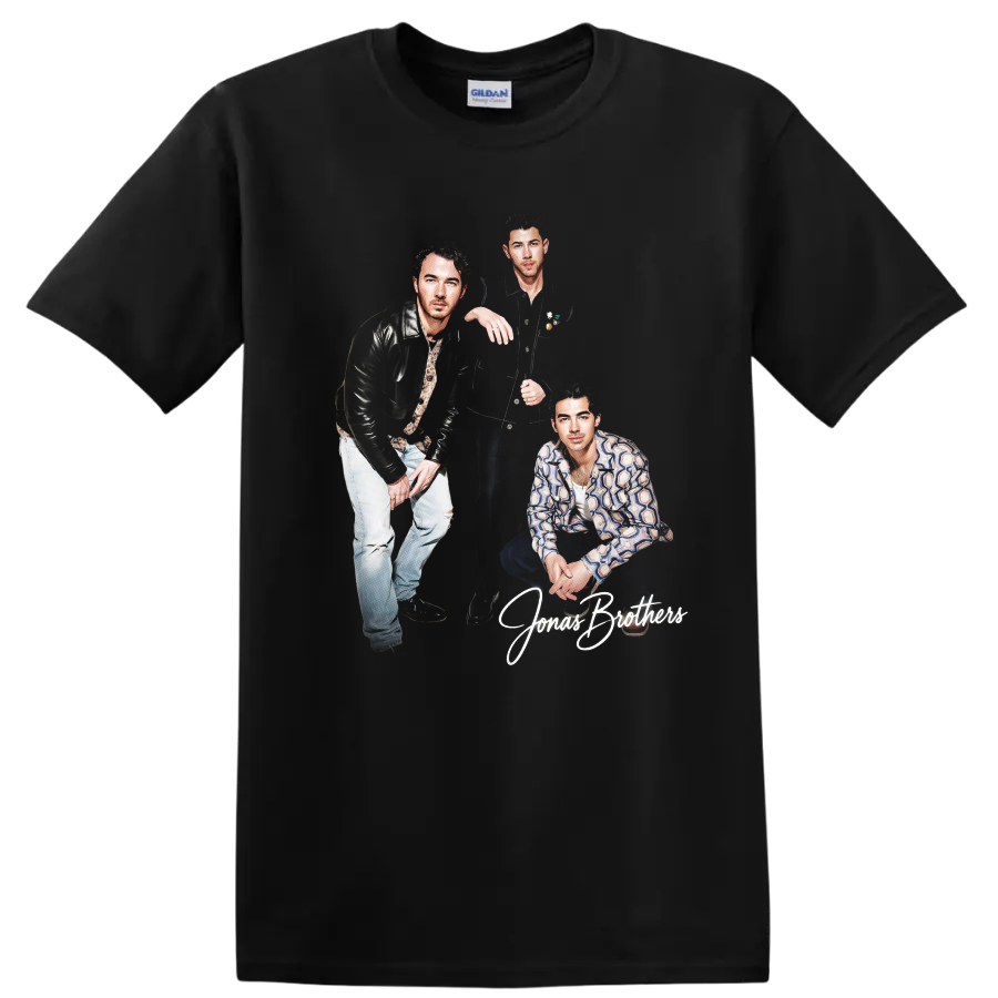 Nick Jonas and Jonas Brothers portrait graphic with script lettering on a Black T Shirt