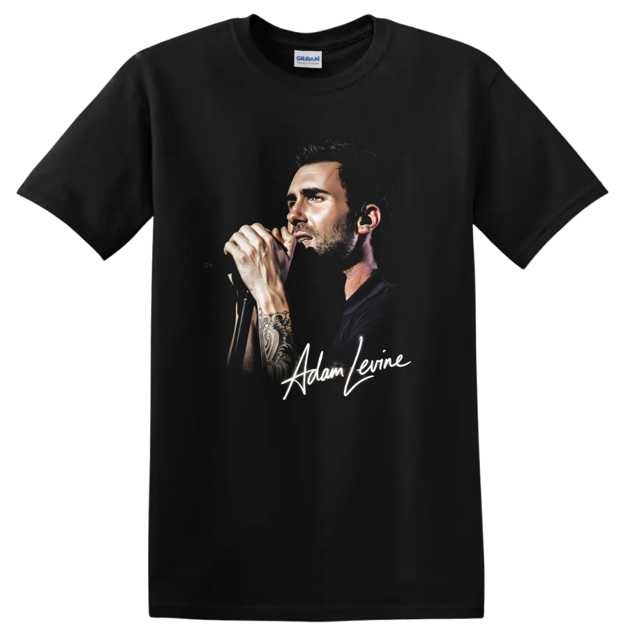 Adam Levine portrait singing into a microphone with signature graphic on a Black T Shirt
