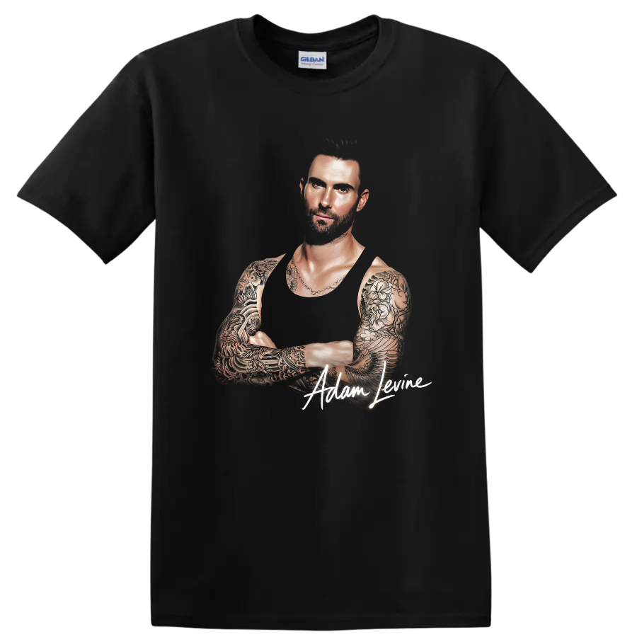 Adam Levine tattoo portrait with signature graphic on a Black T Shirt