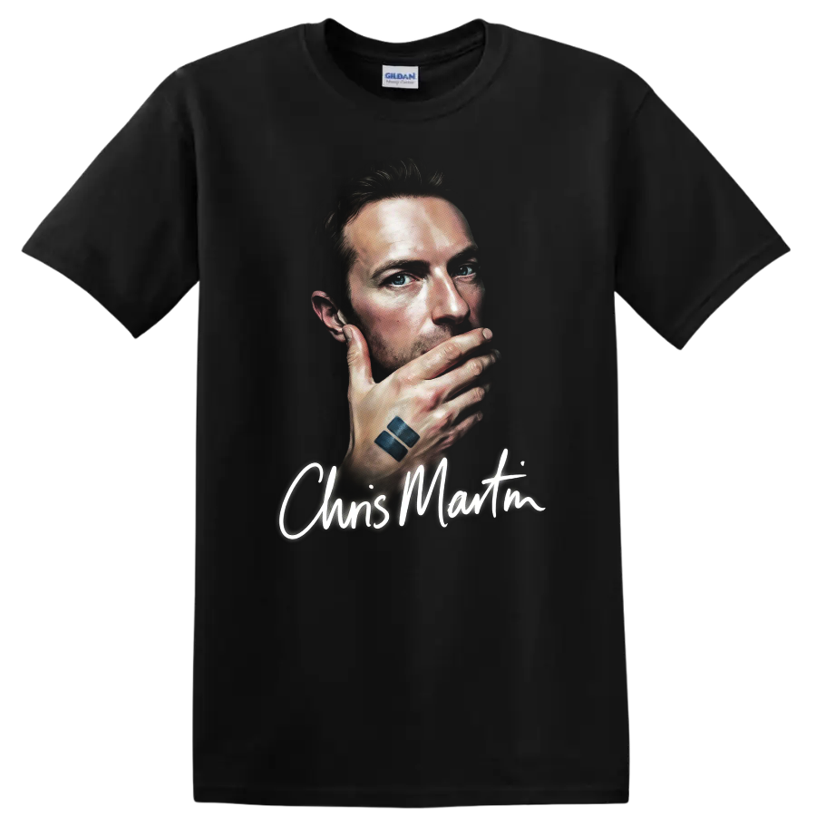 Chris Martin portrait graphic print with handwritten name lettering on a Black T Shirt
