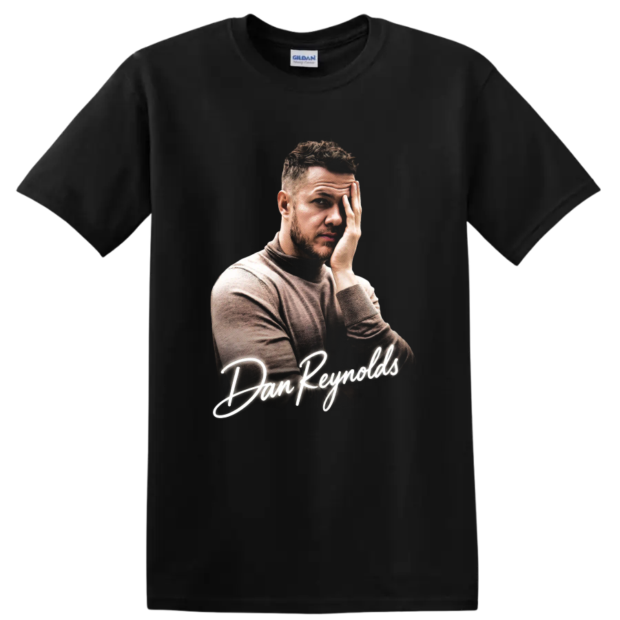 Dan Reynolds portrait with white script lettering on a Black T Shirt