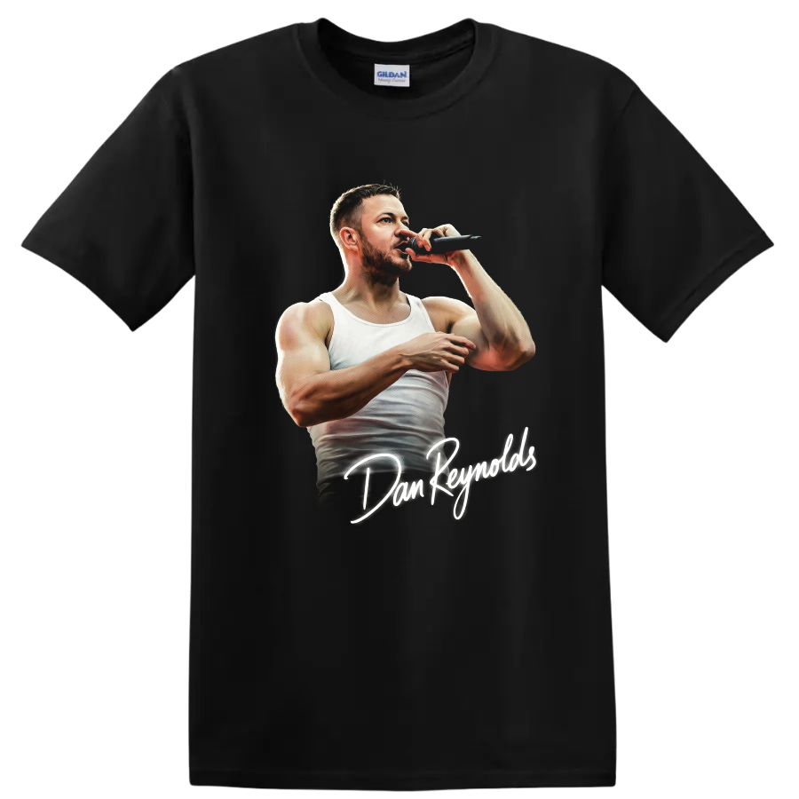 Dan Reynolds performing with microphone, illustrated portrait with handwritten name on a Black T Shirt