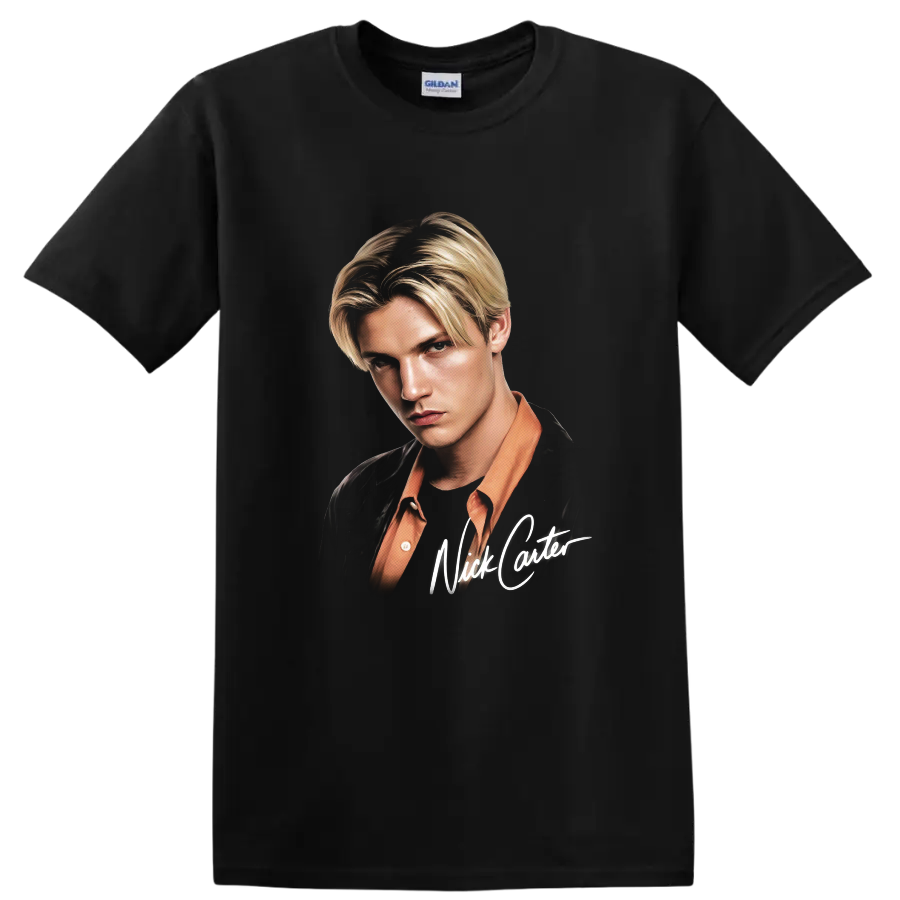 Nick Carter portrait with signature-style lettering on a Black T Shirt