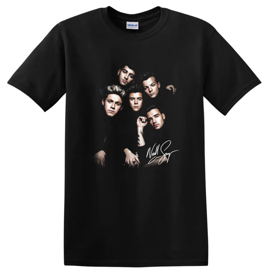 One Direction five-member band portrait with dramatic dark graphic design on a Black T Shirt