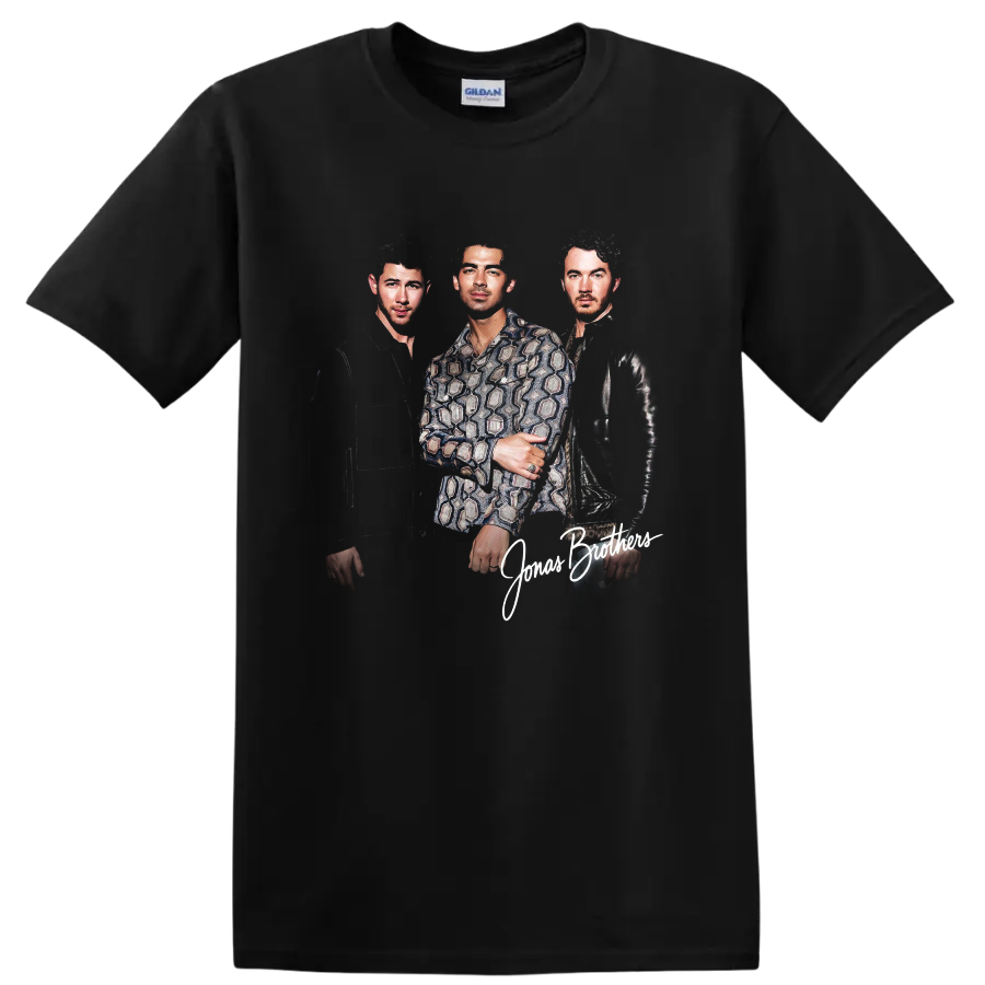 Jonas Brothers portrait graphic with Nick, Joe, and Kevin and script lettering on a Black T Shirt