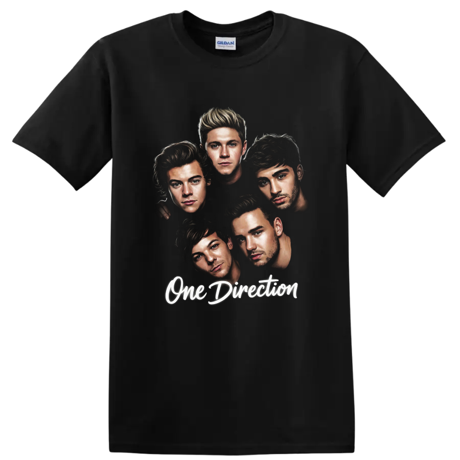 One Direction five-member illustrated fan art with script lettering on a Black T Shirt
