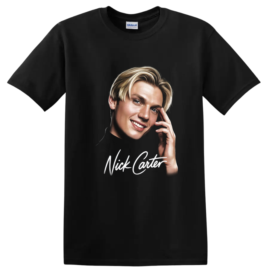 Nick Carter illustrated portrait with white script lettering on a Black T Shirt