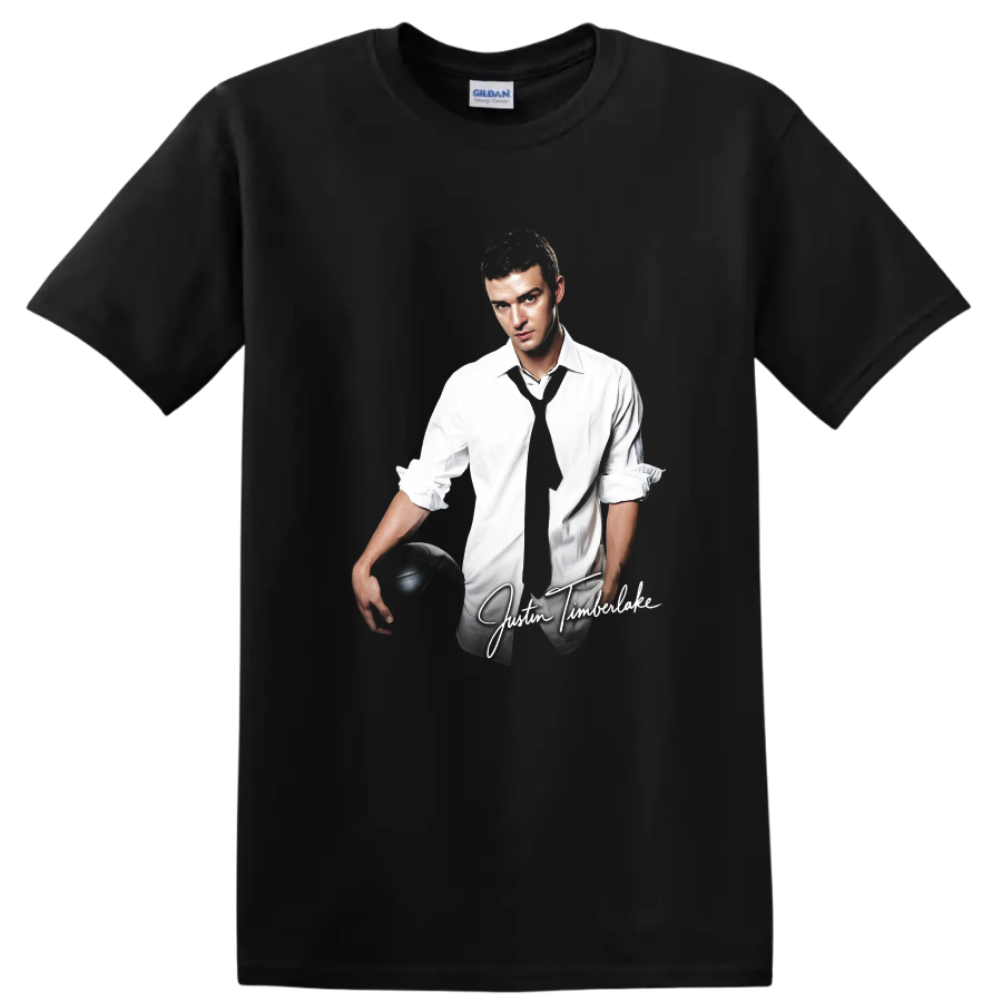 Justin Timberlake portrait in white shirt and black tie holding soccer ball on a Black T Shirt