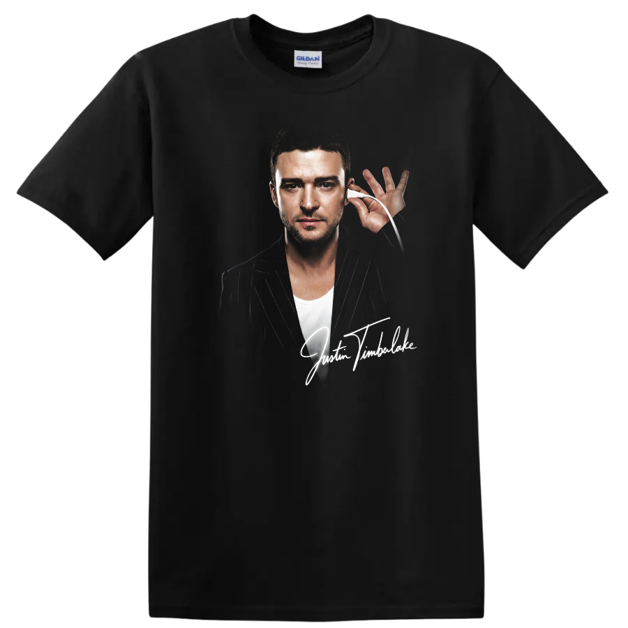 Justin Timberlake portrait graphic with signature and pinstripe jacket on a Black T Shirt