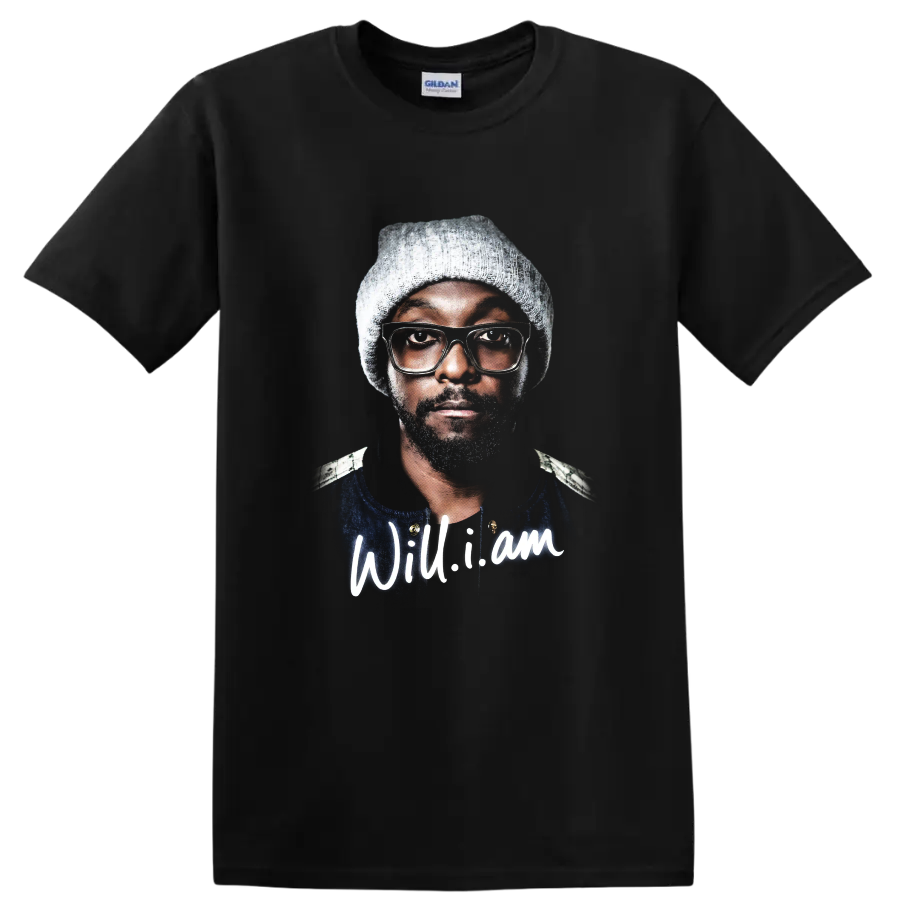 will.i.am hip-hop portrait graphic with knit cap and glasses on a Black T Shirt