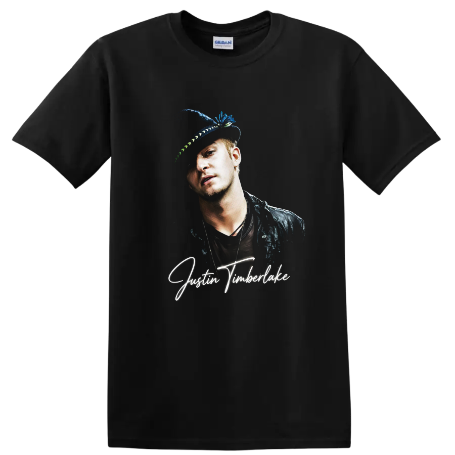 Justin Timberlake portrait graphic with white signature-style lettering on a Black T Shirt
