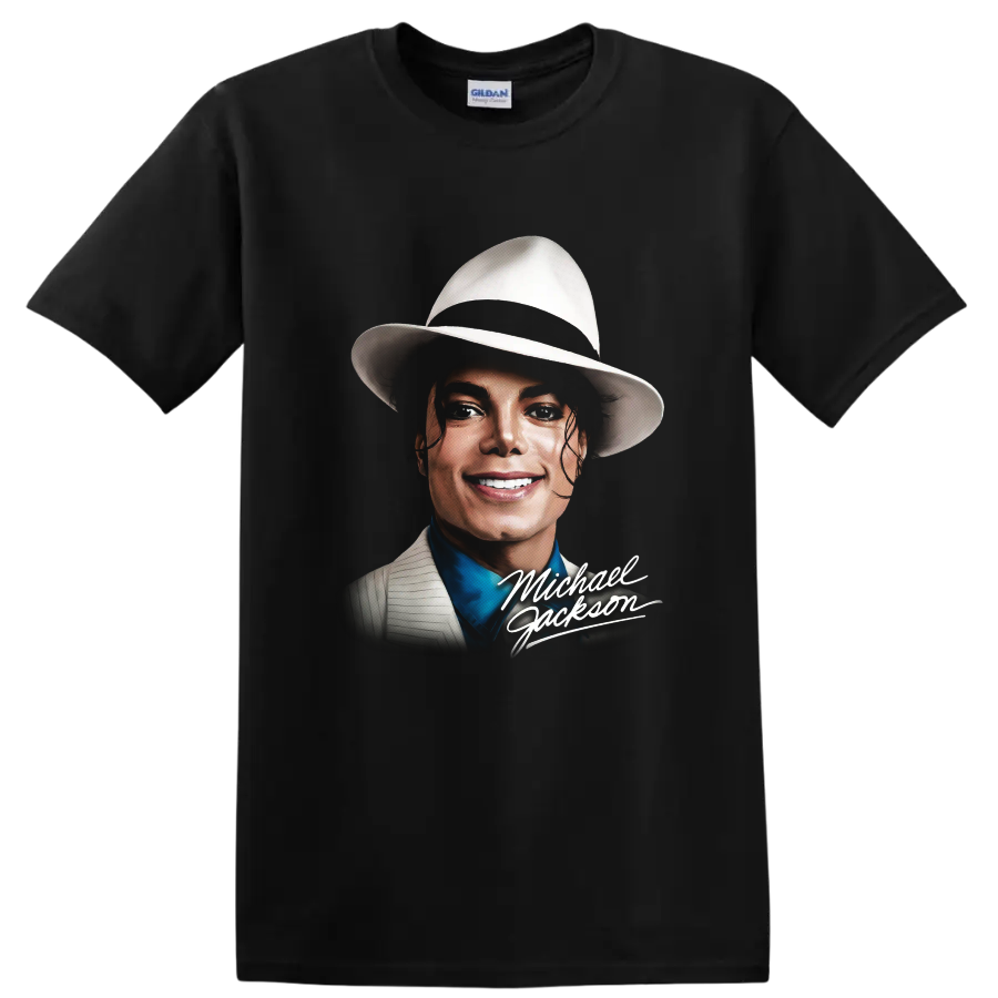 Michael Jackson Smooth Criminal pop art portrait with signature lettering on a Black T Shirt