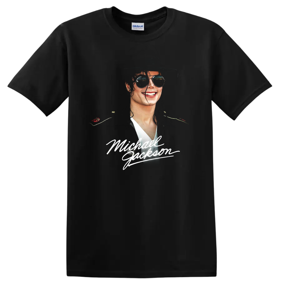 Michael Jackson portrait with fedora, sunglasses, and signature lettering on a Black T Shirt