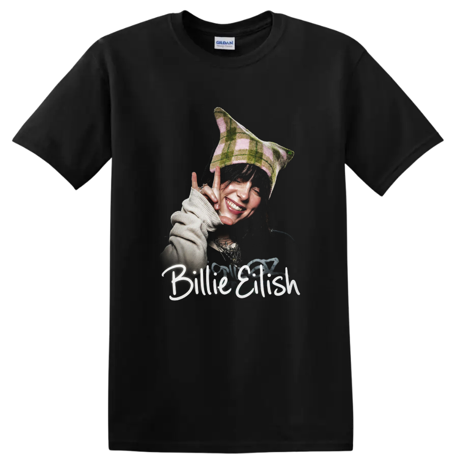 Billie Eilish smiling portrait with plaid hat and hand-lettered name on a Black T Shirt